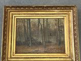 an oil painting of a wooded scene with trees in the foreground