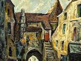 peinture représentant une scène de rue avec des bâtiments et une tour horloge