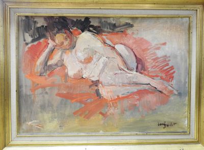 an oil painting of a woman laying down on a red blanket
