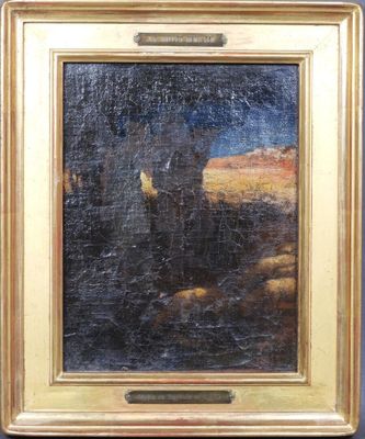 une peinture à l'huile représentant un taureau dans un champ, avec le ciel en arrière-plan