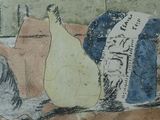 a picture of a painting of pears and a hat on a table