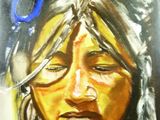 painting of a woman with a feather headdress and earrings