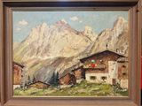 an image of a painting of a mountain scene with a house in the foreground