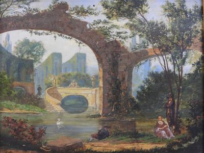 a painting of a bridge over a river with people sitting on it