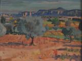 painting of a landscape with olive trees and mountains in the distance