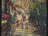 an oil painting of a street scene with people walking down the street