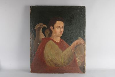 an old painting of a man holding a bird on a shelf