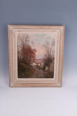 an oil painting of a landscape with a river in the foreground and a house in the distance