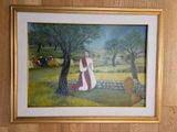 a picture of a painting of a woman in a red and white dress