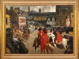 painting of a crowd of people riding horses in front of a building
