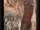 une peinture à l'huile représentant une femme en robe rouge debout devant un fond noir