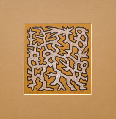 une peinture représentant un motif jaune et noir sur fond marron