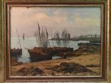 a picture of a painting of boats on the water
