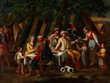 painting of a group of people sitting around a table with a dog