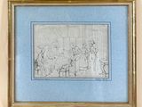 framed drawing of a group of people in a living room