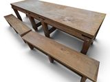 a wooden table with two benches next to it