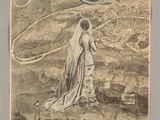 drawing of a woman in a long dress standing on a hill with a snake in her hand