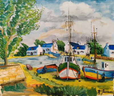 un tableau représentant des bateaux au bord de l'eau