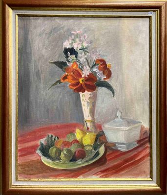a painting of a vase of flowers and fruit on a table