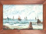 un tableau représentant une femme assise sur la plage, au bord de l'eau
