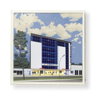 une image représentant une peinture d'un bâtiment avec le ciel en arrière-plan