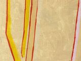 a painting of a vase on a table with a red and yellow stripe