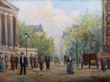 une peinture représentant une scène de rue avec des personnes marchant sur le trottoir