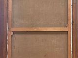 a painting of a window with a wooden frame and a brown cloth covering it