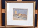 framed picture of a painting of a farm scene in a wooden frame