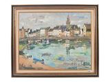 an oil painting of a harbor scene with boats in the water
