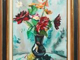 peinture d'un vase de fleurs sur une table à fond bleu
