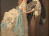 tableau représentant un homme et une femme tenant chacun un éventail à la main