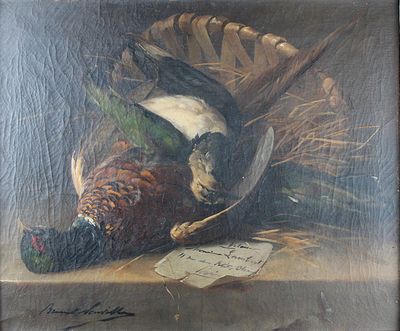 tableau représentant deux faisans et un faisan mort posés sur une table