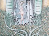 painting of a naked woman standing in a tree with a window open