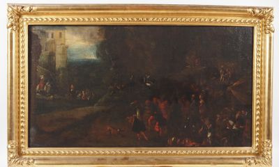 une peinture à l'huile représentant un groupe de personnes à cheval dans un décor boisé
