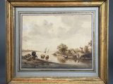 an image of a painting of a river scene with cattle by a river