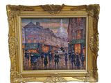 tableau représentant une scène de rue en ville avec des passants marchant sous la pluie