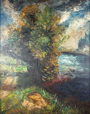 un tableau représentant un arbre au bord de l'eau, avec le ciel en arrière-plan