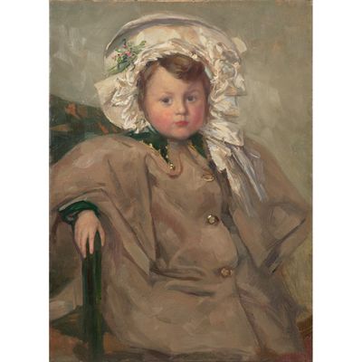 un tableau représentant un enfant coiffé d'un bonnet et assis sur une chaise