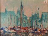 une peinture de bateaux dans un port avec des bâtiments à l'arrière-plan
