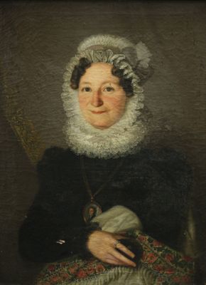 a painting of a woman in a black dress with a white bonnet