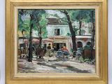 an oil painting of a street scene with a horse drawn carriage in the foreground