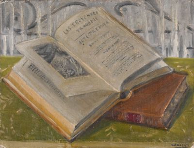 painting of an open book sitting on top of a wooden table