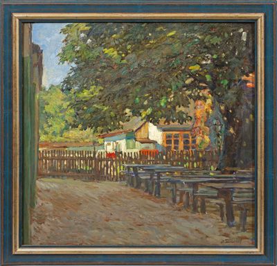 un tableau représentant une scène de rue avec des bancs et des arbres