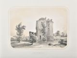 an old drawing of a castle in a frame on a wall