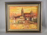 une peinture à l'huile représentant une vue de ville avec une église en arrière-plan
