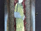 painting of a woman in a green dress holding a blue purse