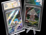 two pokemon cards on display in a clear case