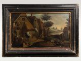 an oil painting of a village scene with a man and a dog