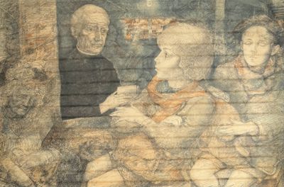 a drawing of a group of people sitting on a bench